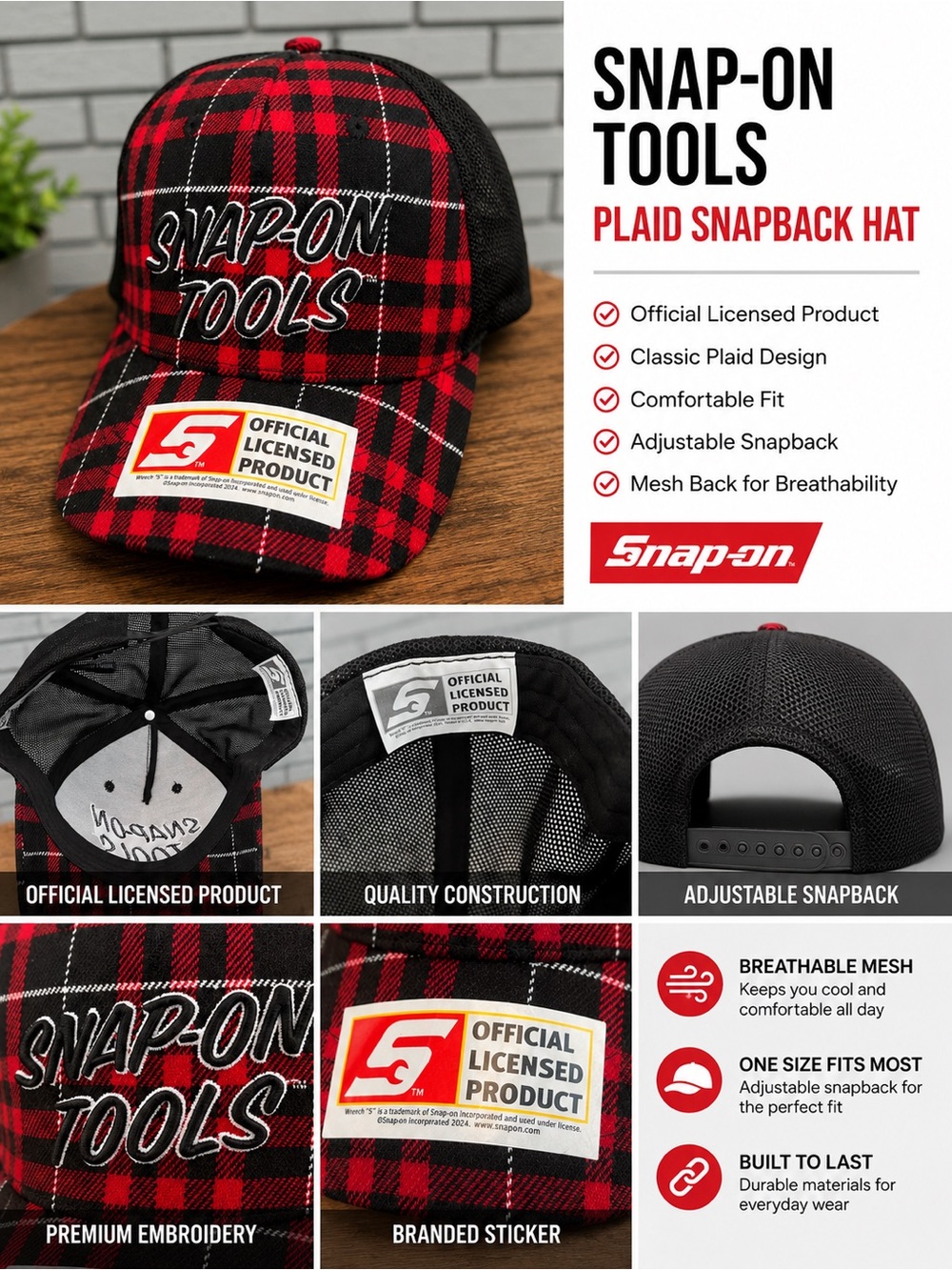 Snap-on Tools Red Buffalo Plaid Mesh Snapback Hat – Official Licensed Product